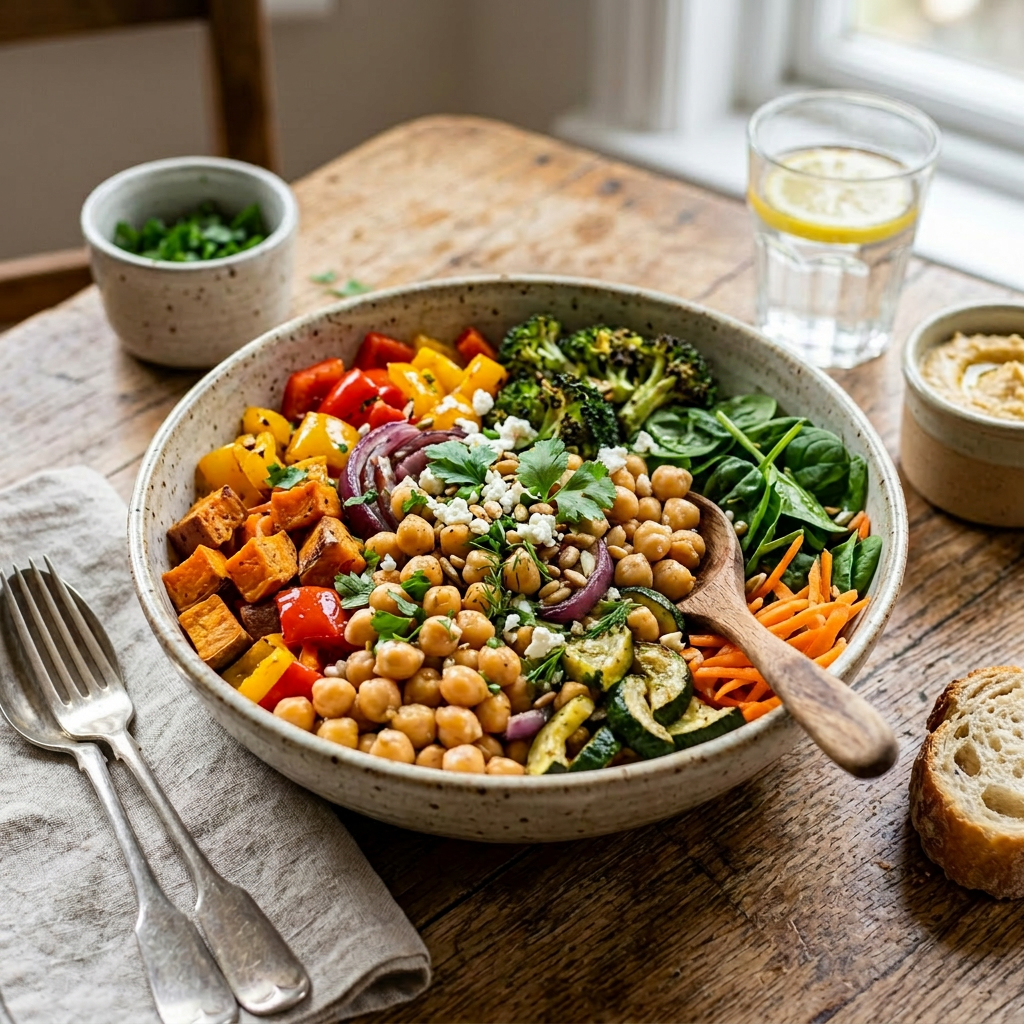 Buddha bowl with chickpeas, roasted sweet potatoes, bell peppers, spinach, cherry tomatoes, carrots, broccoli, red onions, and quinoa topped with parsley