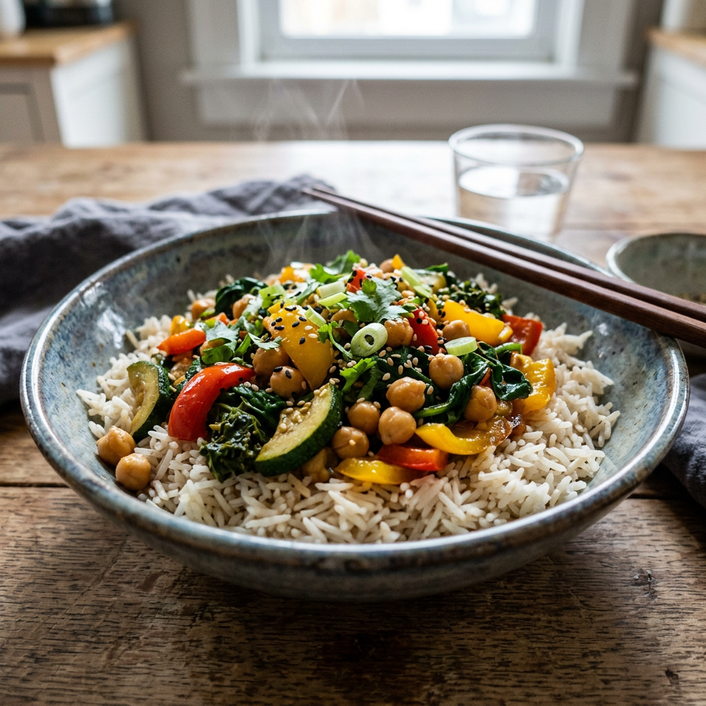 Bowl of steamed white rice topped with cooked zucchini, bell peppers, kale, chickpeas, and sesame seeds