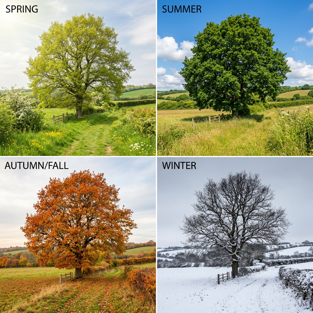 Four images of the same tree labeled spring, summer, autumn/fall, and winter showing seasonal changes.