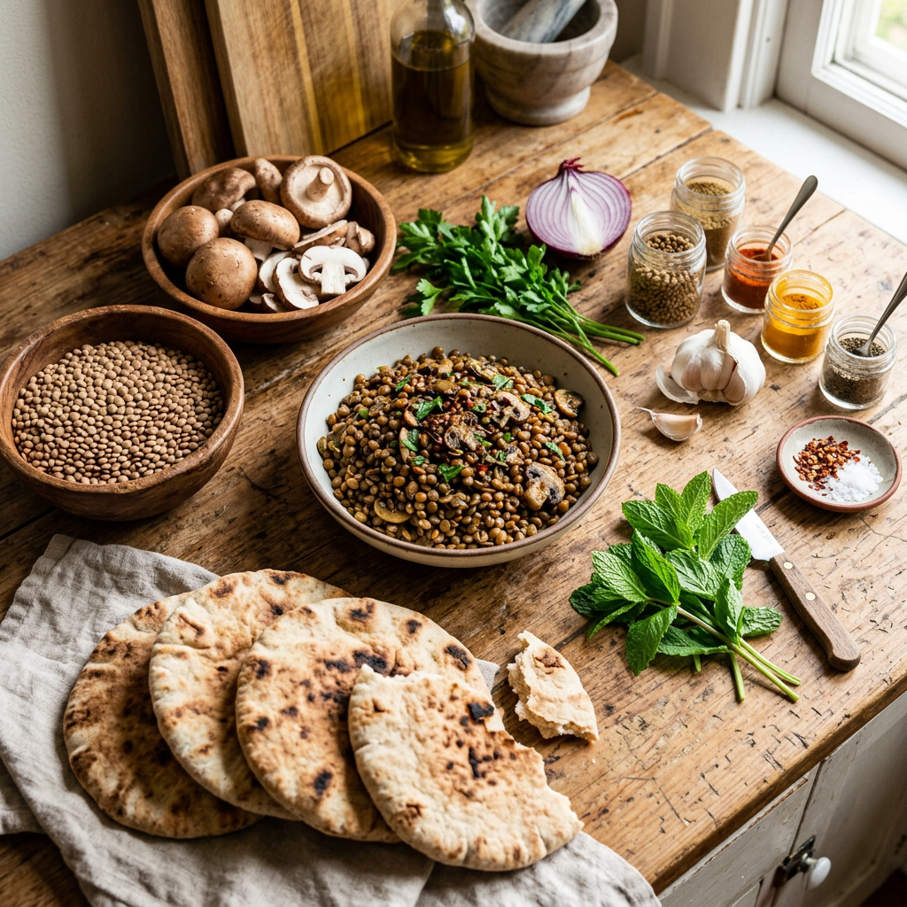 Cooked lentil dish with mushrooms, fresh herbs, spices, and flatbread on wooden table
